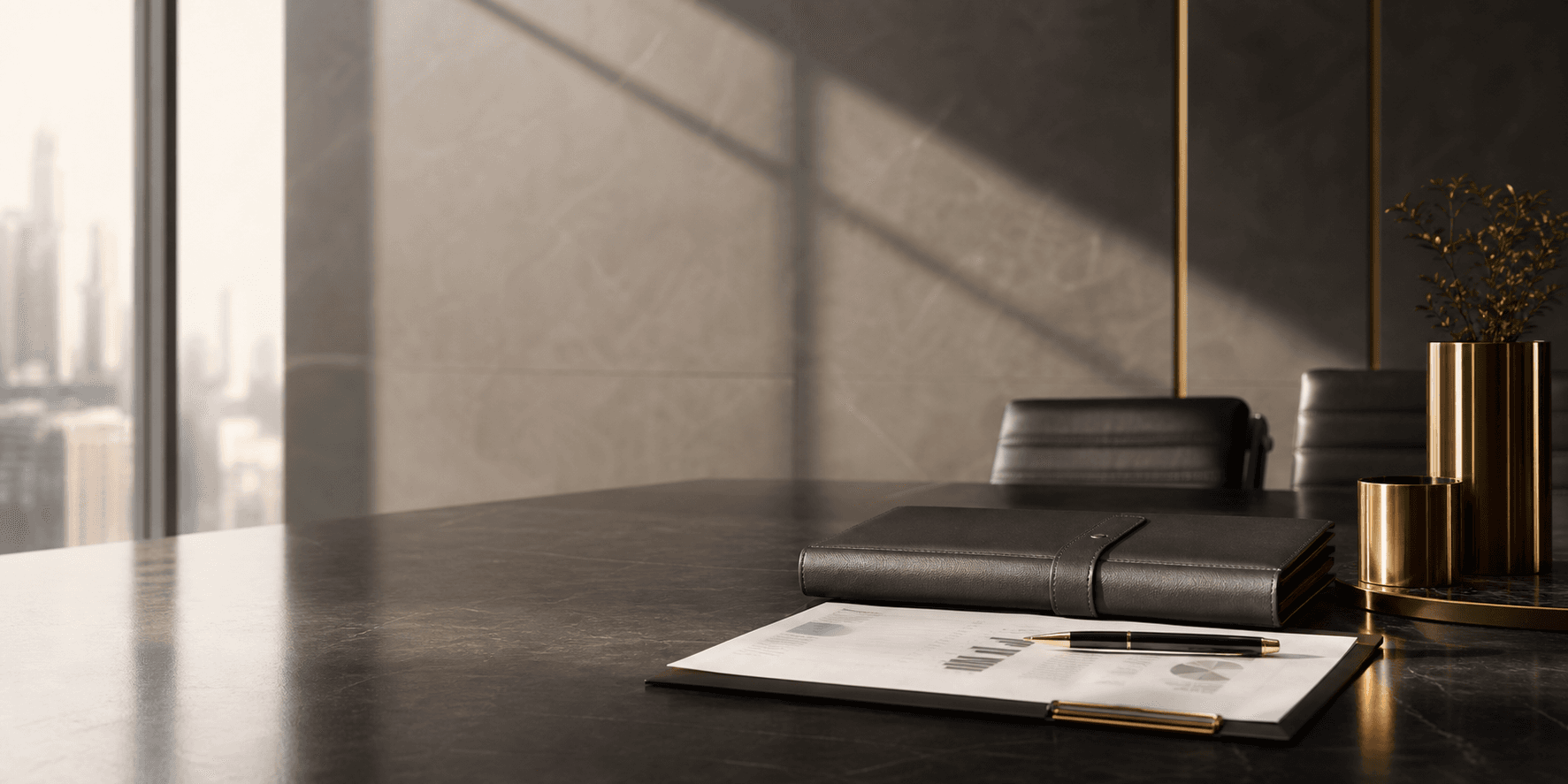 A calm corporate boardroom scene with a portfolio and investment documents.